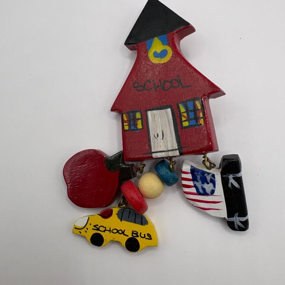 Vtg 90s Teacher Brooch Hand Painted Wooden Schoolhouse Apple Bus Folk Art Pin